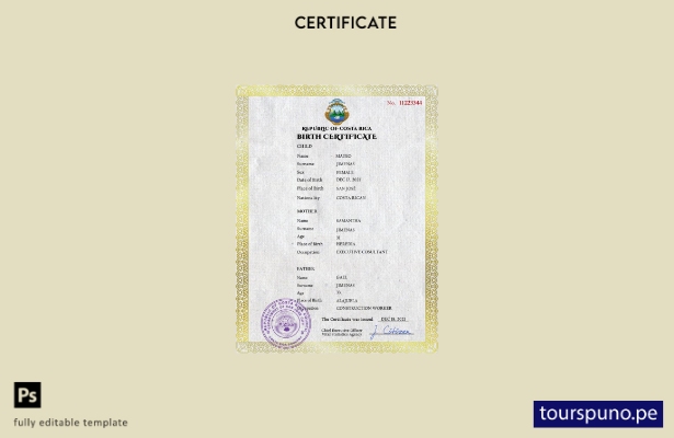 Plantilla PSD de certificado de nacimiento de Costa Rica lista para imprimir
